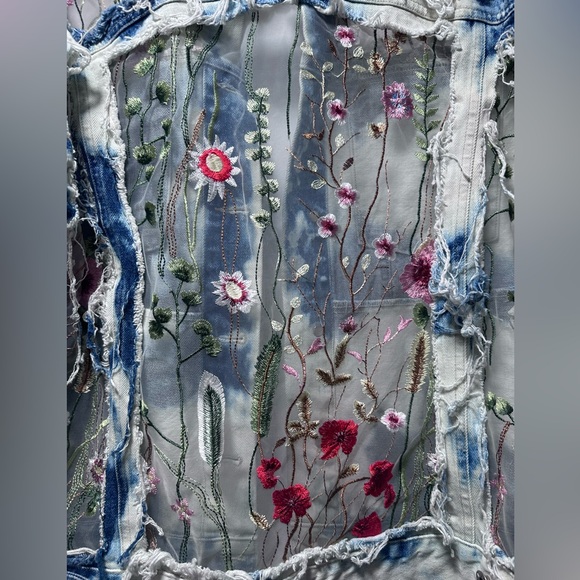 Y2K Canyon River Blues Embroidered Sheer-Panel Tie-Dye Denim Jacket oversized - Picture 4 of 16
